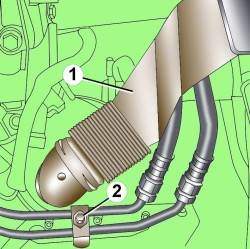 Расположение шланга (1) вентиляции генератора и зажима (2) масляных трубопроводов автоматической коробки передач