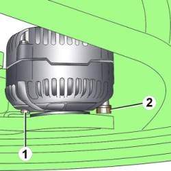 Расположение болтов (1 и 2) крепления генератора на четырехцилиндровом дизельном двигателе TDI с распределительным топливным насосом