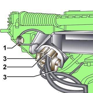 Расположение фиксаторов (3) электрического разъема (2) и пружины (1) переднего прикуривателя