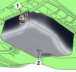 Расположение пробок наливного (1) и сливного (2) отверстий автоматических коробок передач 01K и 01F