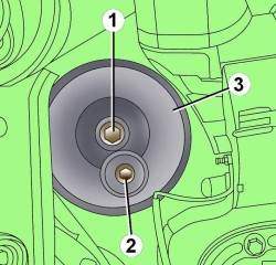 Расположение болта (1) крепления масляного фильтра (3) и пробки (2) сливного отверстия