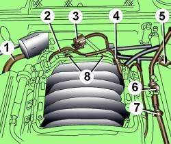 Расположение шлангов в верхней части двигателя