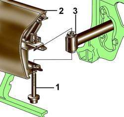 Крепление переднего бампера (2) к амортизатору удара (3)