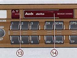 Расположение кассетоприемника (14) и переключателя дорожек кассеты (13)