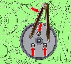 Расположение болтов крепления шкива поликлинового ремня насоса усилителя рулевого управления и специальный инструмент для удержания шкива от проворачивания
