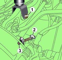 Расположение болта (1) крепления амортизатора и кронштейна (2) троса стояночного тормоза (3)
