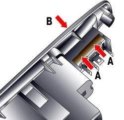 Расположение фиксаторов (А) и направление снятия (В) заднего переключателя стеклоподъемников