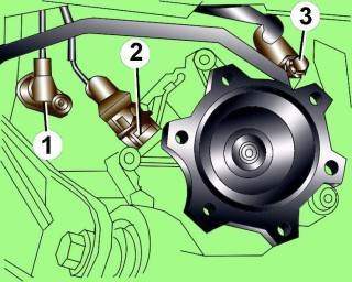 Расположение электрического разъема (1), датчика спидометра, датчика частоты вращения двигателя (2) и болта (3) крепления трубопровода автоматической коробки передач