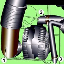 Расположение воздуховода (1) и хомутов (2 и 3) крепления шлангов системы охлаждения