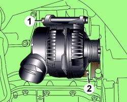 Расположение гайки (1) и болта (2) крепления генератора