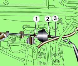 Расположение тяги управления (1), гайки крепления (2) вакуумного блока и вакуумного шланга (3)