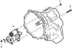 Расположение гайки (1) болта (2) крепления стартера (4) и гайки (3) крепления провода к двигателю стартера