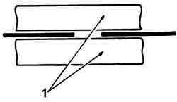 Расположение полосок липкой ленты (1) в области обрыва нити обогревателя