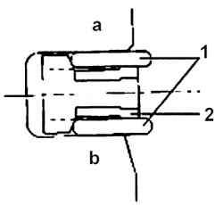 Расположение расширителя (2)и маслосъемных колец (1) в канавке поршня