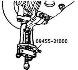 Использование съемника 09455–21000 (1) для выдавливания пальца шарового шарнира из гнезда нижнего рычага