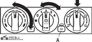 Расположение кнопки (А) выбора режима вентиляции и положение ручек в режиме обогрева пространства для ног
