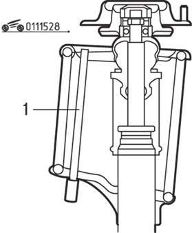 Использование отрезка трубы (1) для совмещения отверстий в нижней и верхней опорных чашках пружины стойки