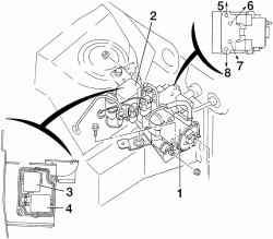 Компоновочная схема гидроагрегата ABS: 1 — гидроагрегат; 2 — блок реле; 3 — реле управления электромагнитными клапанами; 4 — реле включения насоса; штуцеры подсоединения тормозных механизмов колес