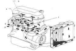 1.2 Система охлаждения 4-цилиндровых двигателей1.  Термостат2. От отопителя3. К отопителю4. Корпус заслонки5. Клапан термостата