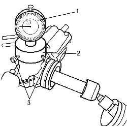 Установка приспособления для проверки зазора в рулевом механизме: 1 — индикатор часового типа