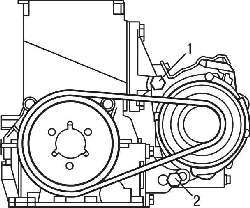 Расположение верхнего (1) и нижнего (2) болтов крепления генератора на двигателе TU3JP