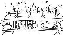 Расположение опорной пластины (1) коромысел и болтов (2) для отвода кулачков от распределительного вала