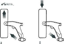 Направление нагрузки на задний сайлентблок нижнего рычага при разгоне автомобиля (а) и при движении по неровной дороге (б)