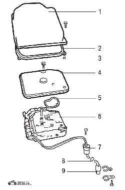 Поддон, приемник, блок клапанов, разъем и прокладка (вид с нижней части картера
