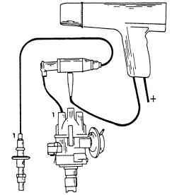 Способ подключения стробоскопа между свечой № 1 и электрическим разъемом провода высокого напряжения № 1 для контроля установки момента зажигания