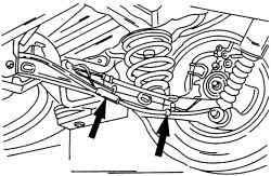 Места крепления тросов привода стояночного тормоза на задней подвеске (показаны стрелками)