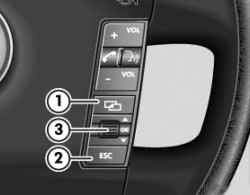 На многофункциональном рулевом колесе расположены клавиши 1 и 2 для смены меню и колесико 3 для выбора (повертывать) и подтверждения выбора пунктов меню (нажать)