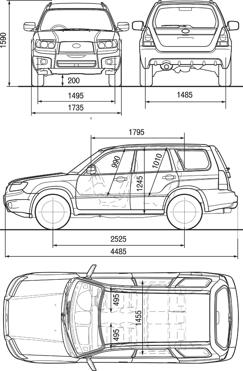 Габаритные размеры Субару Форестер после рестайлинга 2006-2008 (dimensions Subaru Forester SG)