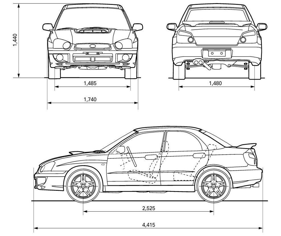 Габаритные размеры Субару Импреза 2004 (dimensions Subaru Impreza GD / GG)