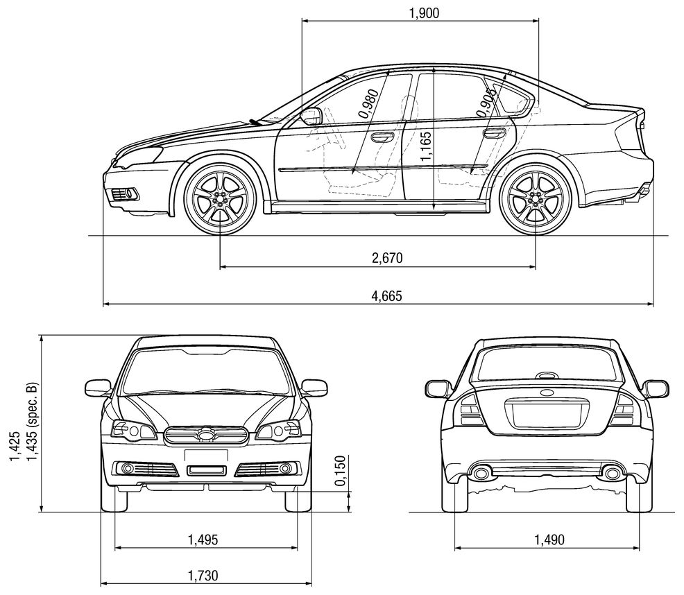 Габаритные размеры Субару Легаси седан 2003-2009 (dimensions Subaru Legacy BL / BP)