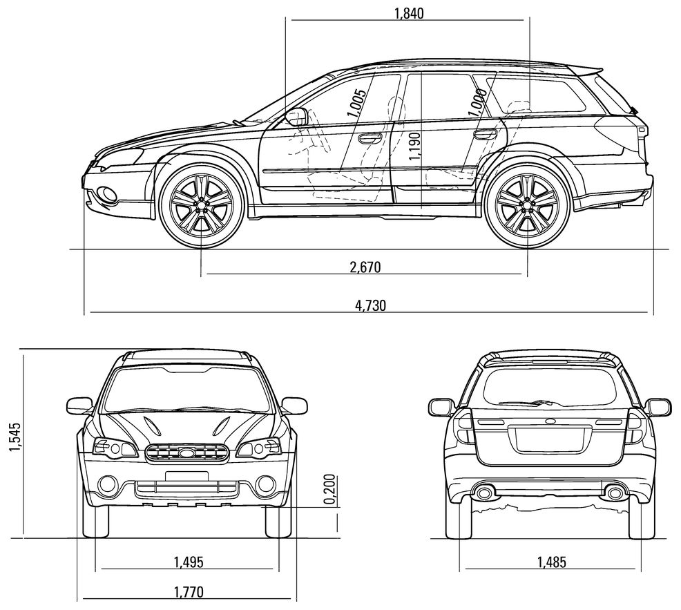 Габаритные размеры Субару Легаси Аутбэк 2003-2009 (dimensions Subaru Legacy Outback BL / BP)